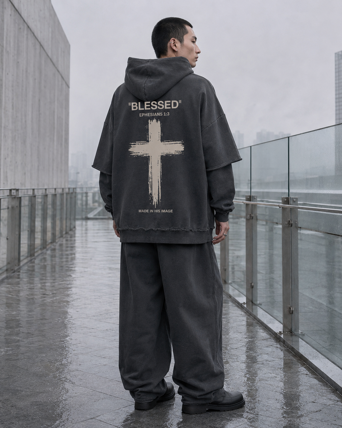 BLESSED — Snow-Washed Heavyweight Hoodie by Made Clothing Co. — back product view